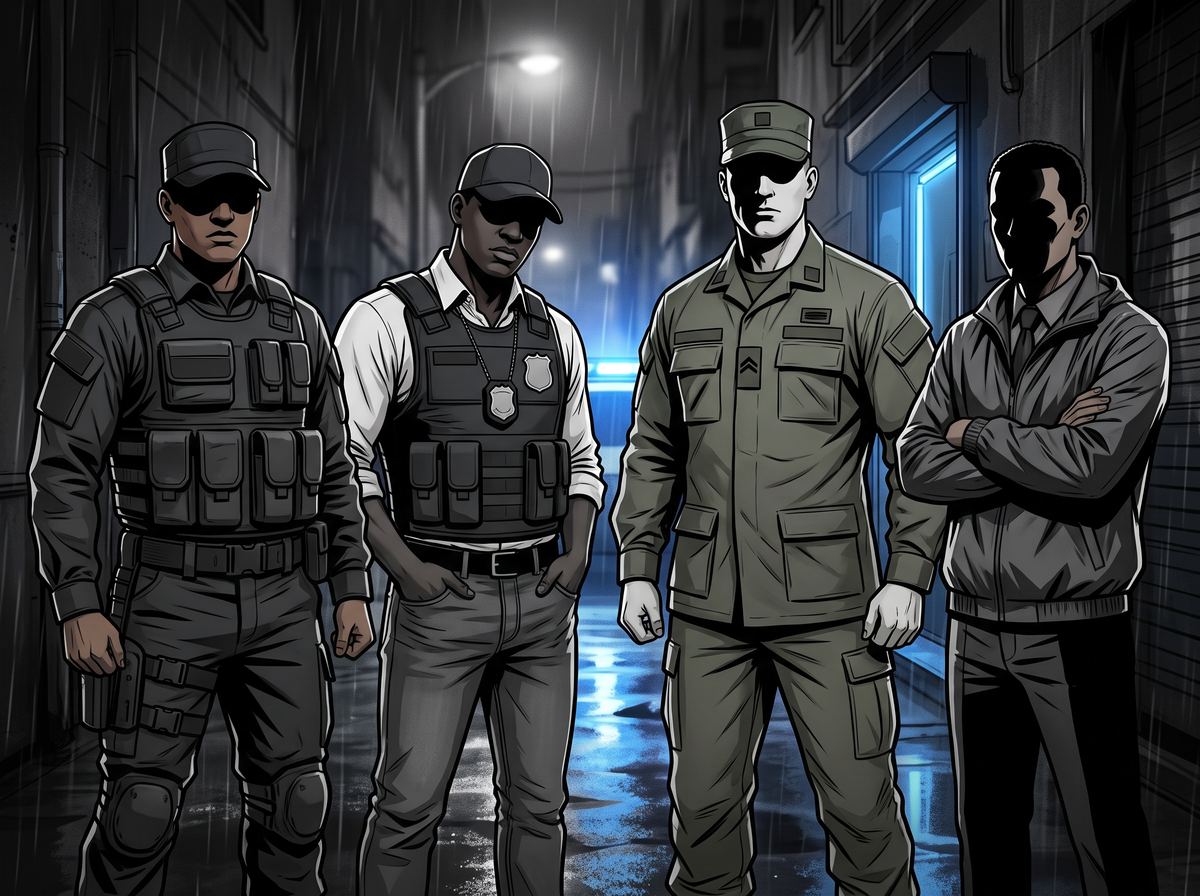 Homens fardados da tropa Azul, rostos ocultos na sombra